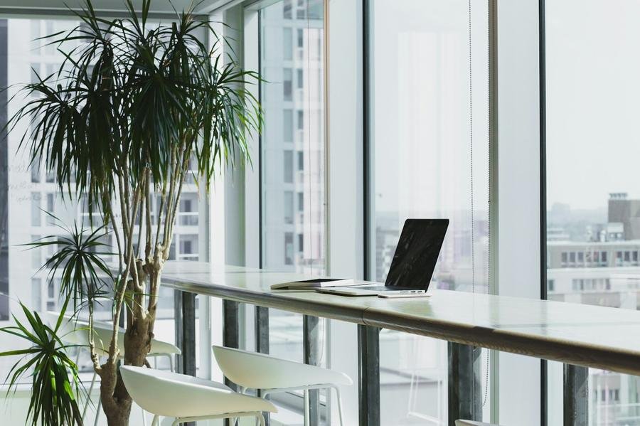Bright business workspace with city view
